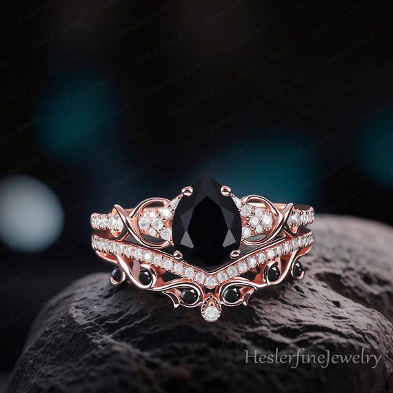 Vintage Pear Black Onyx Engagement Ring Sets Bridal Sets Rose Gold