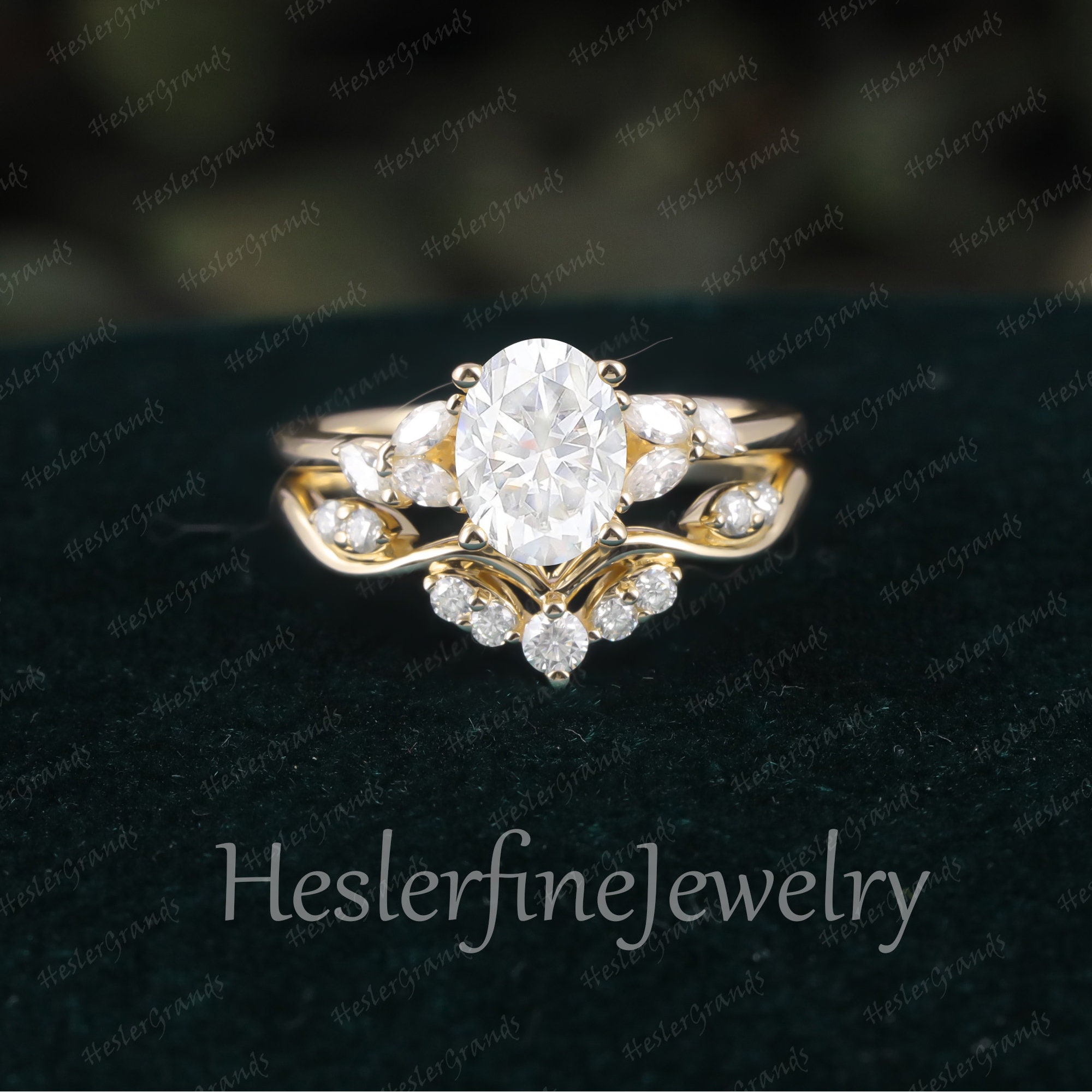 Oval Cut Moissanite Engagement Ring Set Yellow Gold Unique Cluster ...