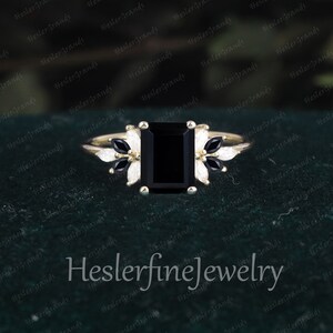 Vintage Emerald Cut Black onyx Engagement Ring Promise Ring Solid 14K Gold Cluster Art Deco Ring Unique Diamond Anniversary Ring Gifts image 5