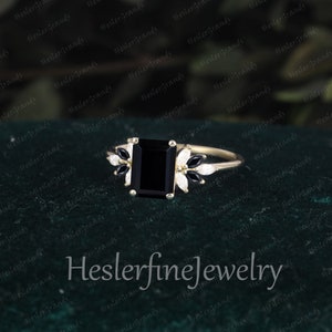 Vintage Emerald Cut Black onyx Engagement Ring Promise Ring Solid 14K Gold Cluster Art Deco Ring Unique Diamond Anniversary Ring Gifts image 6
