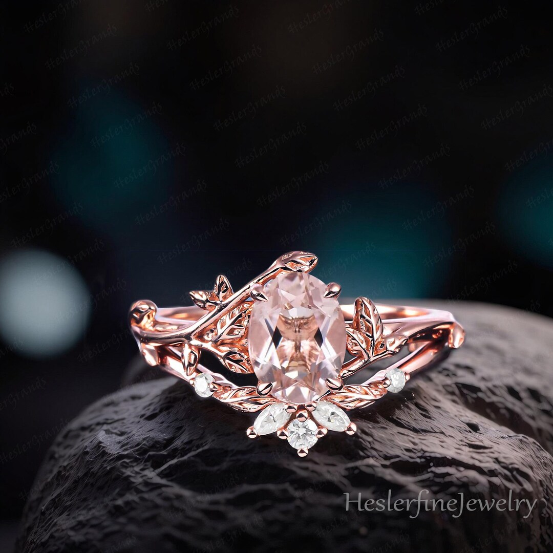 Vintage Oval Cut Morganite Art Deco Ring Engagement Ring Sets