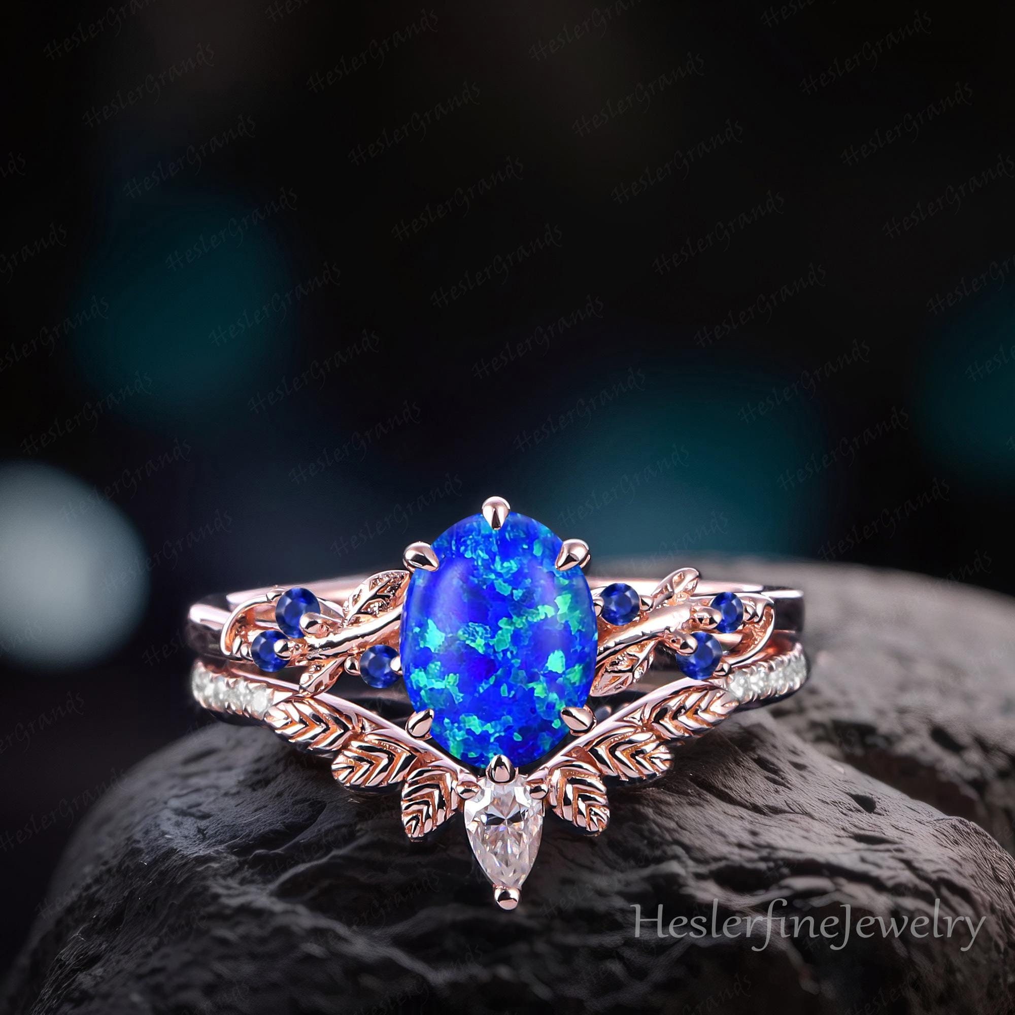 Oval Cut Blue Opal Engagement Ring Bridal Ring Rose Gold Leaf