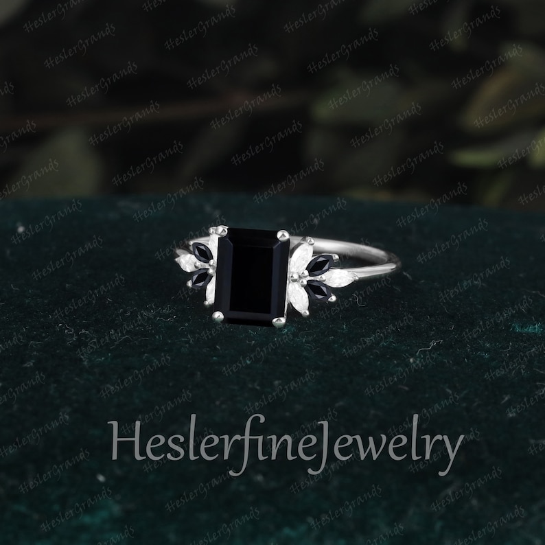 Vintage Emerald Cut Black onyx Engagement Ring Promise Ring Solid 14K Gold Cluster Art Deco Ring Unique Diamond Anniversary Ring Gifts image 8