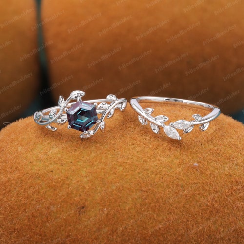 Vintage shops Alexandrite Engagement Ring White Gold Hexagon Leaf Engagement Ring Platinum alternative Wedding Bridal Anniversary Promise Ring