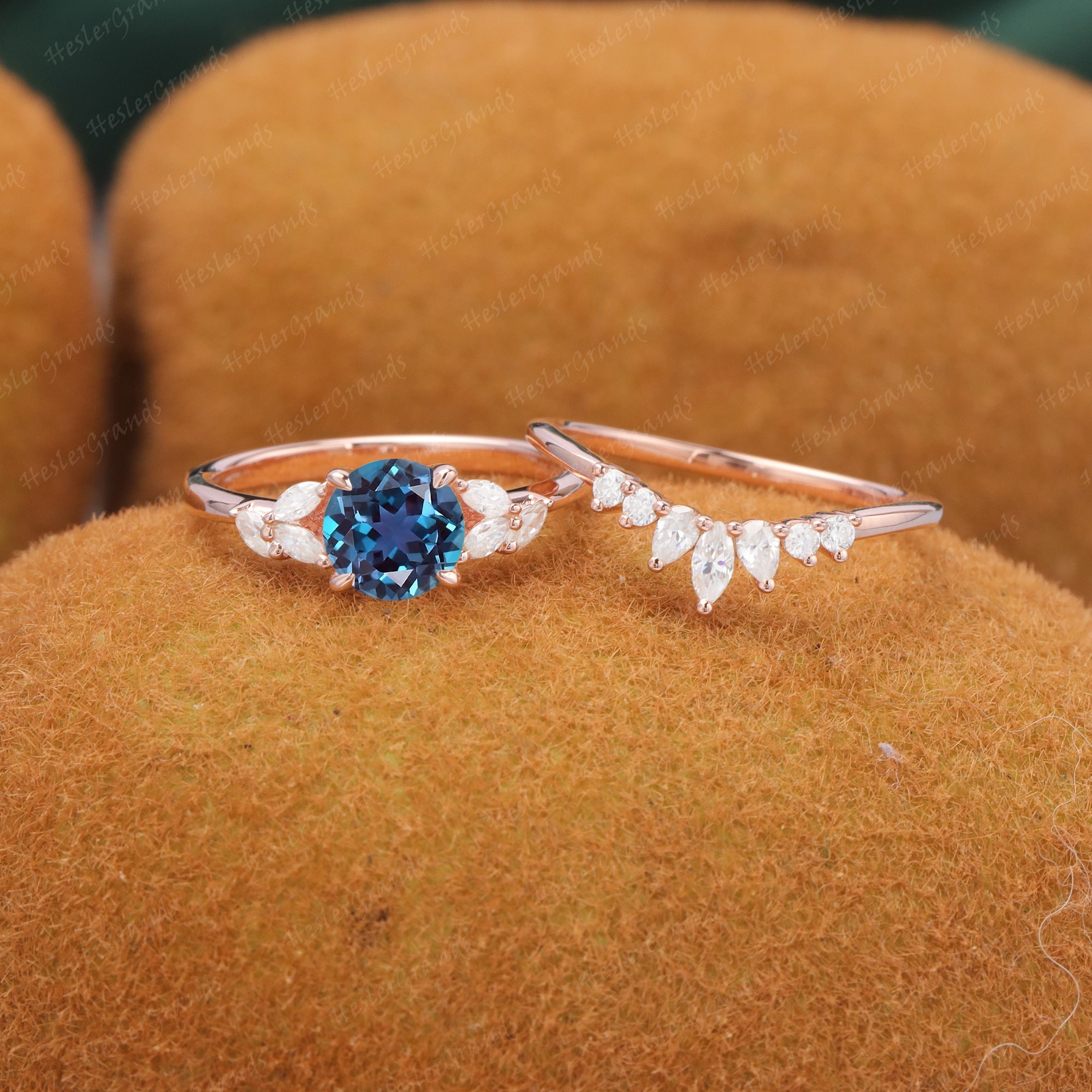 Alexandrite Engagement Ring Sets For Women Round Shape Alexandrite Wedding Ring Rose Gold Cluster Ring Promise Ring Anniversary bridal Gifts
