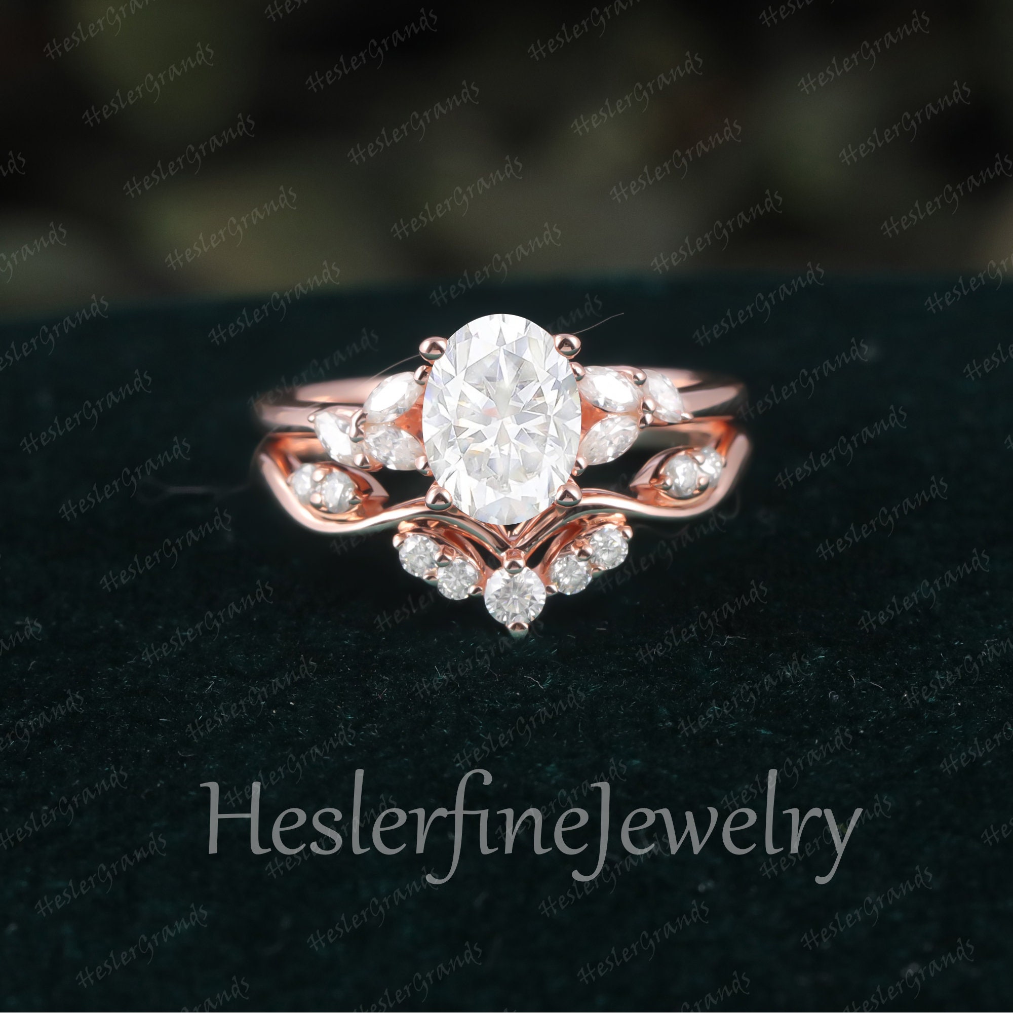 Oval Cut Moissanite Engagement Ring Set Yellow Gold Unique Cluster ...