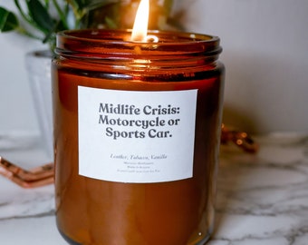 Leather Tobacco Vanilla Scented Soy Wax Candle - Midlife Crisis Funny Candle