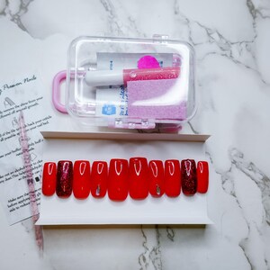 Red Glitter & Gem Press on Nails | Glue on Nails | Long Coffin Nails | Fun Nails | Luxury Nails