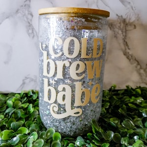Cold Brew Babe Snowglobe Tumbler | 14oz Glass Snowglobe Tumbler | Coffee Lover Gift | Funny Coffee Cup | Iced Coffee Gift