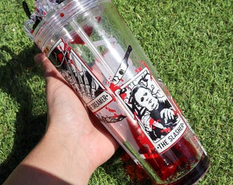Halloween Characters Blood Drip Tumblers | Custom Lid Topper Halloween | 20oz Acrylic Tumbler | Fall Tumbler | Movie Theme Tumbler