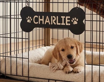 Personalized Dog House Name Tag – Custom Metal Pet Name Plate for Kennel or Puppy Bed – Hanging Dog Bone Sign