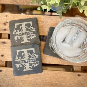 4 Personalized Slate Coasters, Engraved Monogram Coasters,  Custom Wedding Gift, Personalized Housewarming Gift