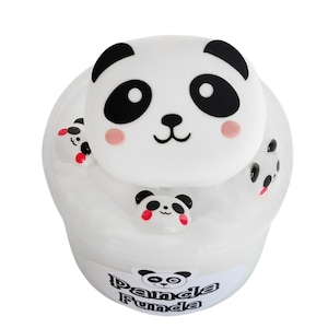 May include: A white container with a panda bear design. The container has a panda face on top and several smaller panda faces around the sides. The text "Panda Funda" is printed on the front.