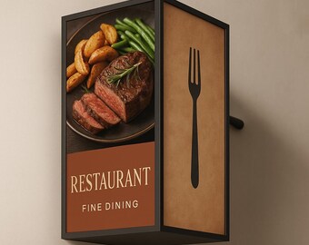 Könnte beinhalten: Rechteckiges Restaurantschild mit schwarzem Rahmen. Die linke Seite zeigt einen Teller mit Essen: Steak, Kartoffeln und grüne Bohnen. Die rechte Seite zeigt eine schwarze Gabel-Silhouette. Das Schild trägt den Schriftzug "RESTAURANT FINE DINING" in Gold.