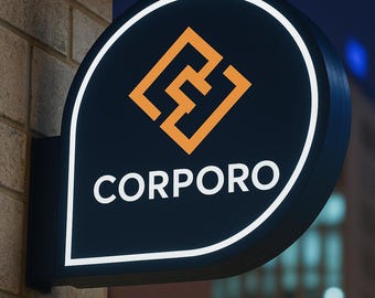 Puede incluir: Un letrero luminoso en forma de lágrima con la palabra "CORPORO" en blanco. El letrero tiene un fondo azul oscuro, un borde blanco y un logotipo geométrico naranja. Está montado en una pared de ladrillo.