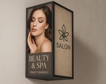 Könnte beinhalten: Ein schwarzes rechteckiges Schild mit einem Frauenporträt und den Worten "BEAUTY & SPA" und "TREAT YOURSELF". Die andere Seite des Schildes zeigt das Wort "SALON" und ein Blattdesign. Das Schild ist an einer neutralfarbenen Wand angebracht.