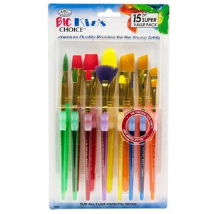 May include: A 15-piece set of paint brushes for young artists. The brushes have colorful handles and various brush head shapes. The packaging includes the text "Big Kid's Choice" and "Premium Quality Brushes for the Young Artist".