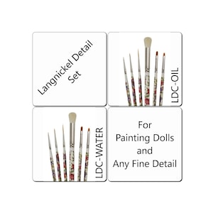 May include: A set of Langnickel Detail paint brushes for oil and water-based paints. The set includes brushes of various sizes, with white and red floral patterned handles. The text on the image reads "Langnickel Detail Set" and "For Painting Dolls and Any Fine Detail."