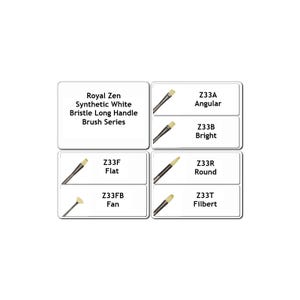 May include: Image of a set of artist paint brushes. The image includes text that reads "Royal Zen Synthetic White Bristle Long Handle Brush Series". The brushes are labeled with their type: Angular, Bright, Flat, Round, Fan, and Filbert.