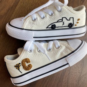 Design available.  Baby Toddler Gift, Hand Embroidery, Converse Shoes w/ Custom design Race car & checkered flag