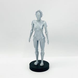 May include: A grey, 3D printed figurine of a robot woman with a detailed, articulated body. The figurine is standing on a black base.
