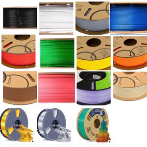 May include: A collection of 3D printer filament spools in various solid colors including black, white, gray, blue, red, green, yellow, orange, brown, pink, purple, and beige, alongside metallic gold and silver spools with printed dragon figures.