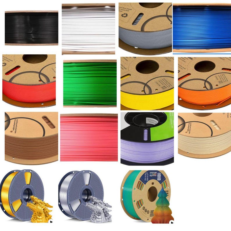 May include: A collection of 3D printer filament spools in various solid colors including black, white, gray, blue, red, green, yellow, orange, brown, pink, purple, and beige, alongside metallic gold and silver spools with printed dragon figures.