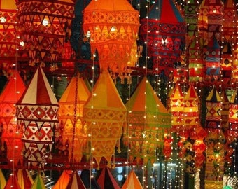 Indian Decor Lantern Silk Bohemian Wedding Boho Lanterns Collapsible Lamps Colorful Bohemian Tent Hangings Garden Chandeliers Cotton Fabric