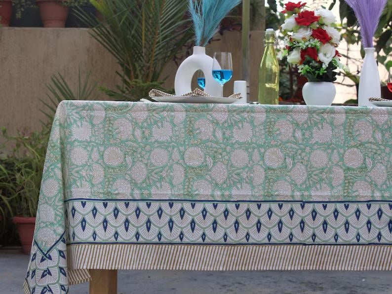 Frans tafelkleed hoes, blok bedrukt tafelkleed, Indiaas tafellinnen, gebloemd eettafelkleed Vintage katoenen tafelmatten met servetten Tablecloth 05