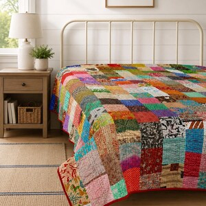 Indian Vintage Multicolor Striped Kantha Quilt Handmade Cotton Boho Patchwork Blanket All Custom sizes Available