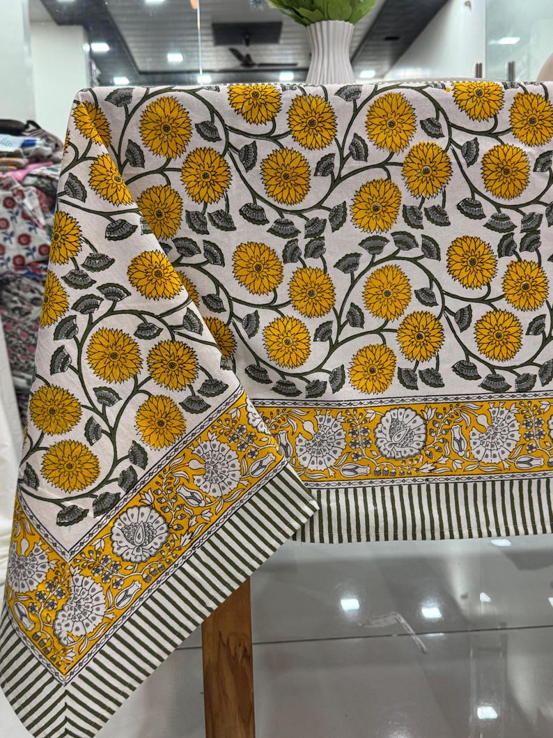 Frans tafelkleed hoes, blok bedrukt tafelkleed, Indiaas tafellinnen, gebloemd eettafelkleed Vintage katoenen tafelmatten met servetten Tablecloth 02