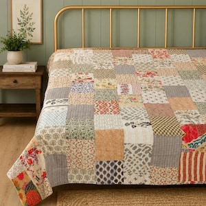 Bohemian Vintage Kantha Blanket Multicolor Fabric Hand stitched Cotton Bedspread Reversible Patchwork Quilt All custom Sizes Available