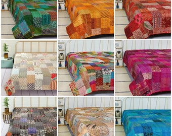 Multi-Color Bohemian Patchwork Quilt Handmade Vintage Silk Kantha Quilts Boho King Size Bedding Blanket Bedspread Throw Winter Quilts