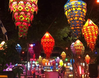 Indian Decor Lantern Silk Bohemian Wedding Boho Lanterns Collapsible Lamps Colorful Bohemian Tent Hangings Garden Chandeliers Cotton Fabric