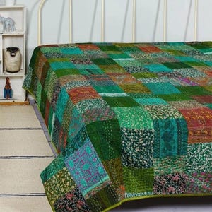 Bohemian Hand Stitched Kantha Quilt | Patchwork Modern Throw | Vintage Style Blanket | Bed Decor Bedspread | Housewarming Gift.