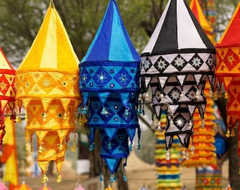 50 Pack- Indian Lantern Silk Bohemian Wedding Decor Boho Lanterns Collapsible Lamps Colorful Tent Hangings Garden Chandeliers Cotton Fabric