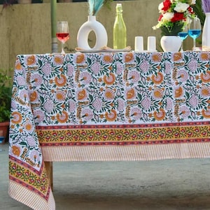 Frans tafelkleed hoes, blok bedrukt tafelkleed, Indiaas tafellinnen, gebloemd eettafelkleed Vintage katoenen tafelmatten met servetten afbeelding 2