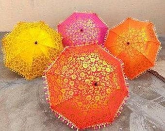 Golden Printed Sun Protection Rajasthani Umbrella Handicraft Walking Stick - 5 Pieces Lot (Wedding, Haldi, Mehndi Function Special)