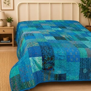 Hand Block Print Cotton Quilt, Reversible Bedspread Cottagecore Floral Patchwork Blanket Vintage Bed Cover All custom Sizes Available