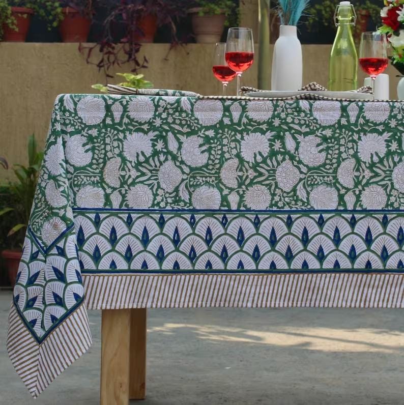 Frans tafelkleed hoes, blok bedrukt tafelkleed, Indiaas tafellinnen, gebloemd eettafelkleed Vintage katoenen tafelmatten met servetten Tablecloth 06