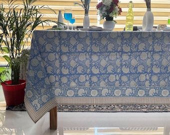 Hemelsblauw katoenen blok bedrukt tafelkleed Vintage tafelkleed voor bruiloft Decor Bloemen eettafelhoes Boho Home Housewarming huwelijkscadeaus