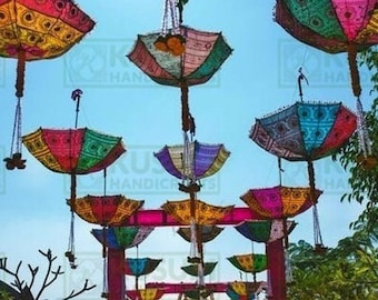 Indian Embroidered Cotton Umbrella | Wholesale Wedding Decor Umbrellas | Colourful Event Umbrellas | Jaipur Handicraft | Sun Protection.