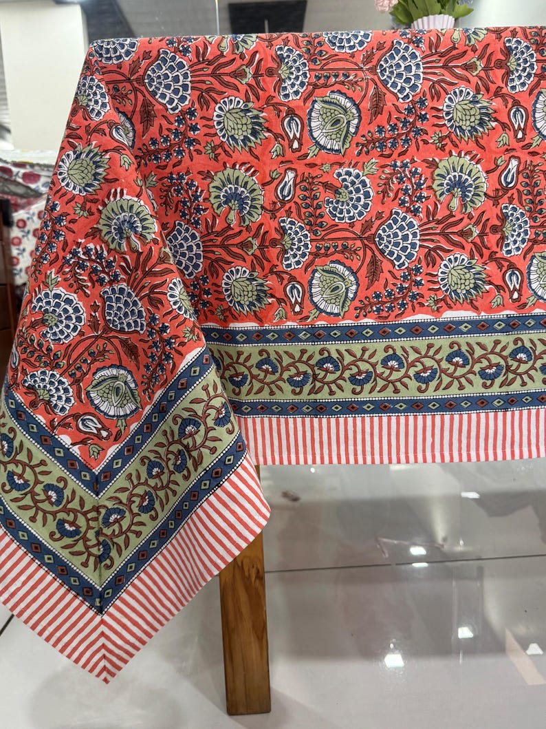 Frans tafelkleed hoes, blok bedrukt tafelkleed, Indiaas tafellinnen, gebloemd eettafelkleed Vintage katoenen tafelmatten met servetten Tablecloth 04