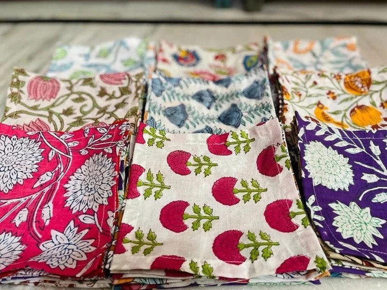 100 Pack Handblock Printed Napkin Set, Mix and Match Block Print Table