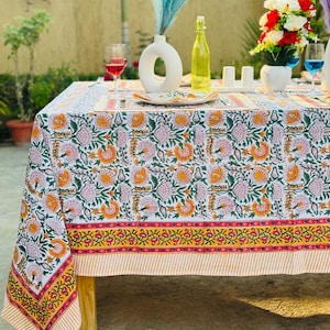 French Tablecloth Cover, Block Printed Tablecloth, Indian Table Linen, Floral Dinning Tablecloth Vintage Cotton Table Mats With Napkins