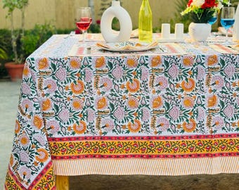 French Tablecloth Cover, Block Printed Tablecloth, Indian Table , Floral Dinning Tablecloth Vintage Cotton Table Mats With Napkins