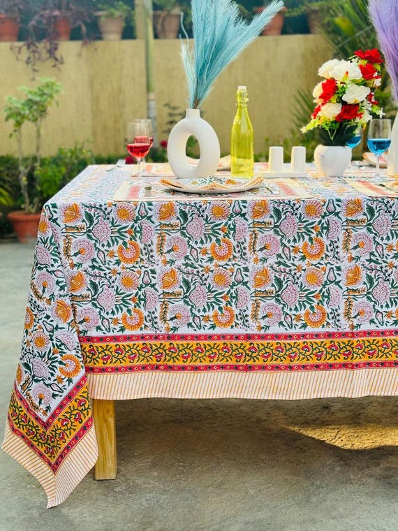 French Tablecloth Cover, Block Printed Tablecloth, Indian Table Linen, Floral Dinning Tablecloth Vintage Cotton Table Mats With Napkins