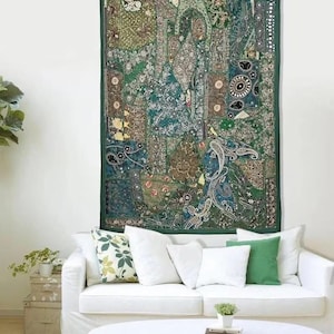 Tapiz de pared indio hecho a mano con patchwork / Decoración vintage para el hogar con bordado zari / Tapiz de pared bordado