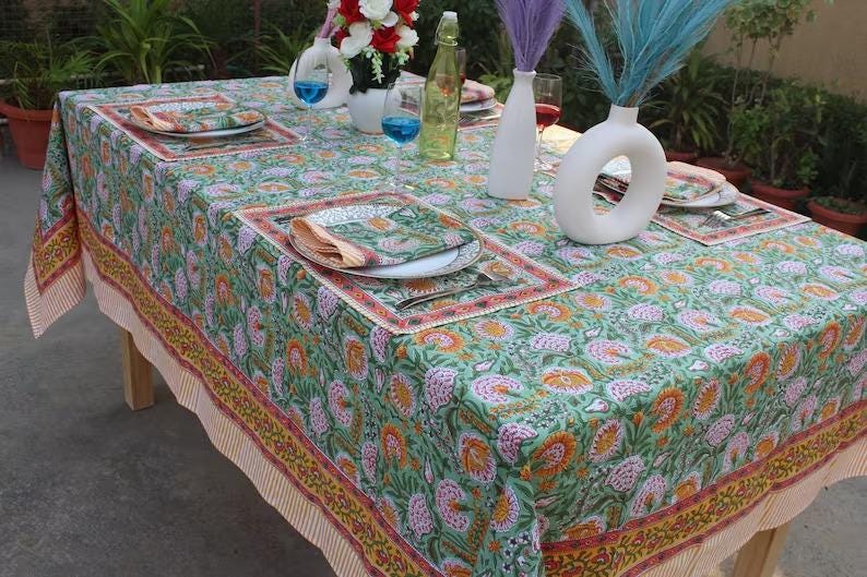 Frans tafelkleed hoes, blok bedrukt tafelkleed, Indiaas tafellinnen, gebloemd eettafelkleed Vintage katoenen tafelmatten met servetten afbeelding 10