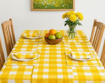 Boho-stijl geel/wit geruit tafelkleed met aangepast formaat voor boerderij keuken tafeldecor rond/vierkant/rechthoekig tafelkleed cadeau voor haar